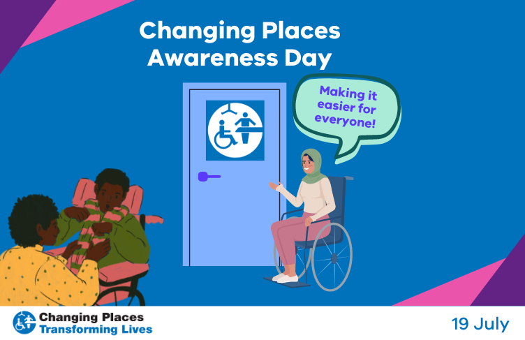 A toilet door with the Changes Places logo on it and people in wheelchairs 