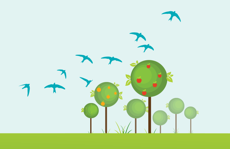 Illustration of trees with birds flying in the sky.