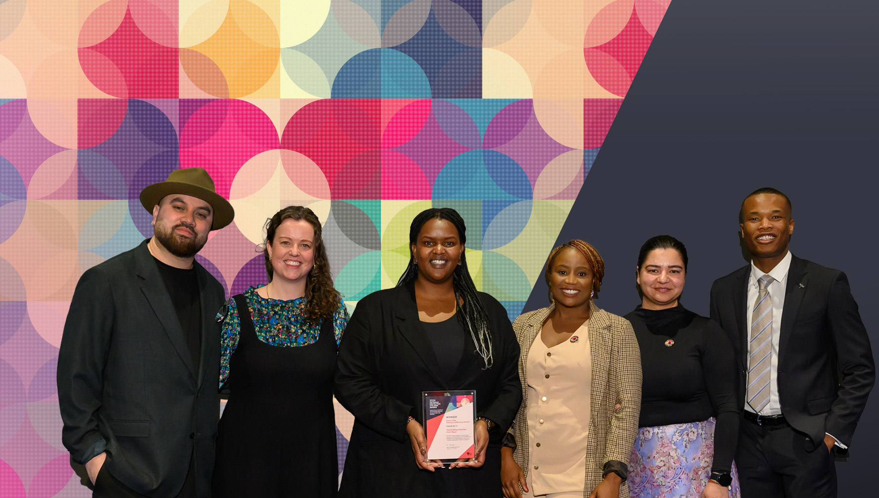 Photo of the joint winner of the Robin Clark Making a Difference Award – The Putting Families First team, OzChild, Youth Support + Advocacy Service, Australian African Foundation for Retention and Opportunity, Charis, and Victorian Aboriginal Child Care Agency 