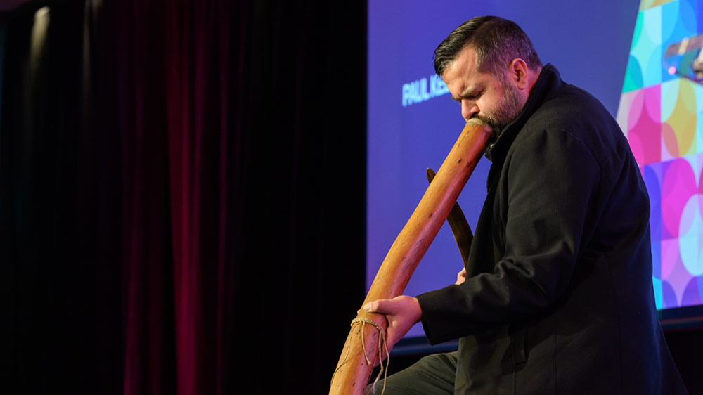 Paul Kelly, highly regarded yidaki and cultural performer playing the didgeridoo