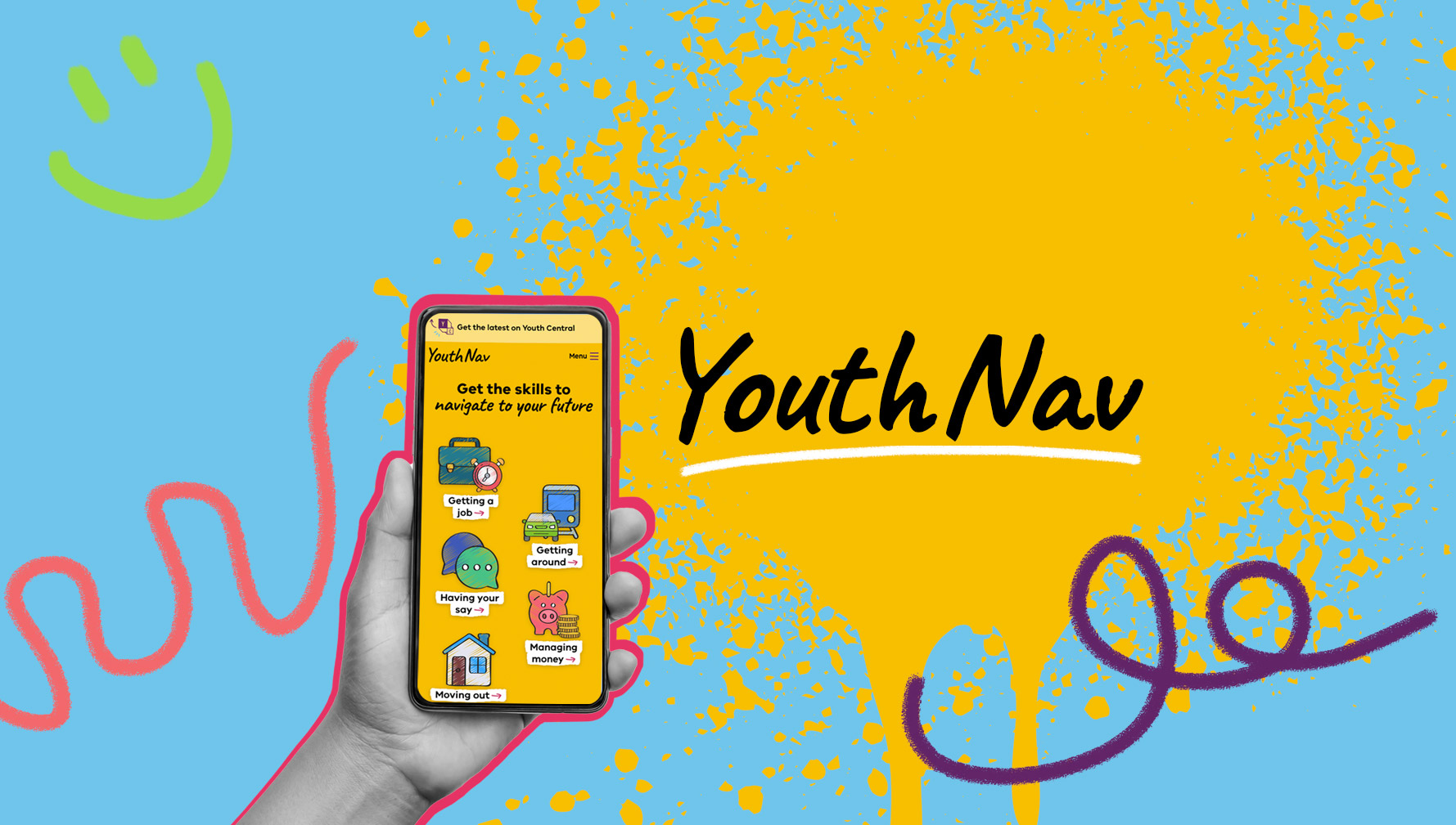 A hand holding a mobile phone with the YouthNav website displayed.