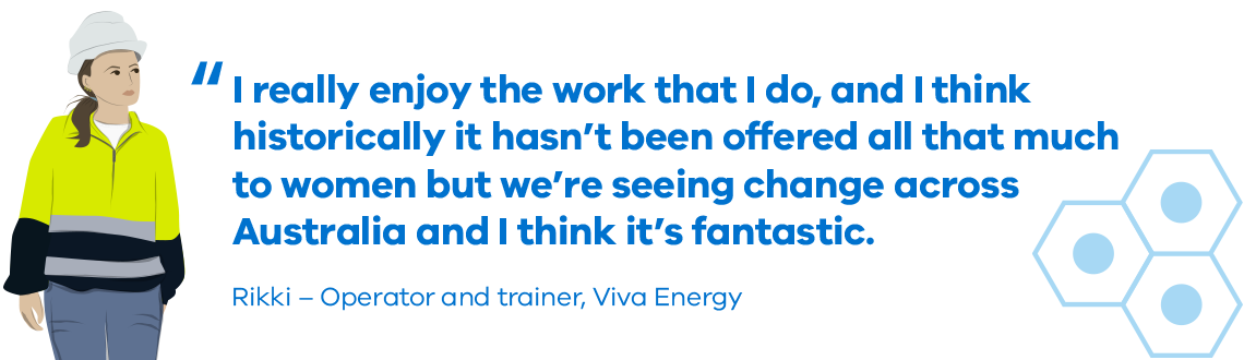 I really enjoy the work that I do, and I think historically it hasn’t been offered all that much to women but we’re seeing change across Australia and I think it’s fantastic. Rikki - Operator and trainer, Viva Energy 