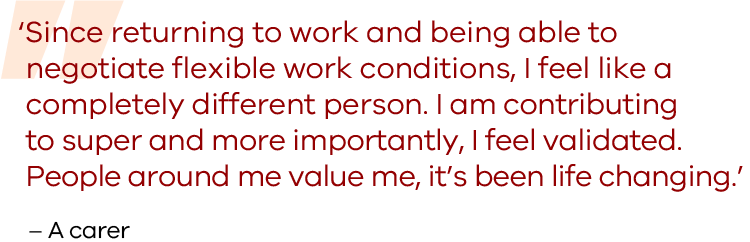 Since returning to work and being able to negotiate flexible work conditions, I feel like a completely different person. I am contributing to super and more importantly, I feel validated. People around me value me, it’s been life changing. A quote from a carer
