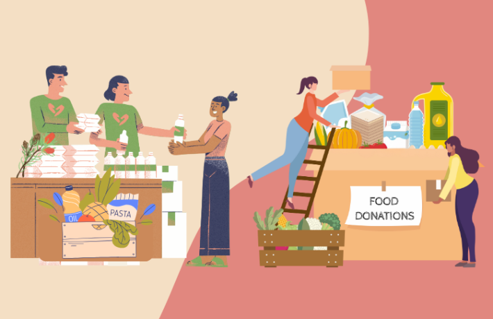 Illustration of people handing out food